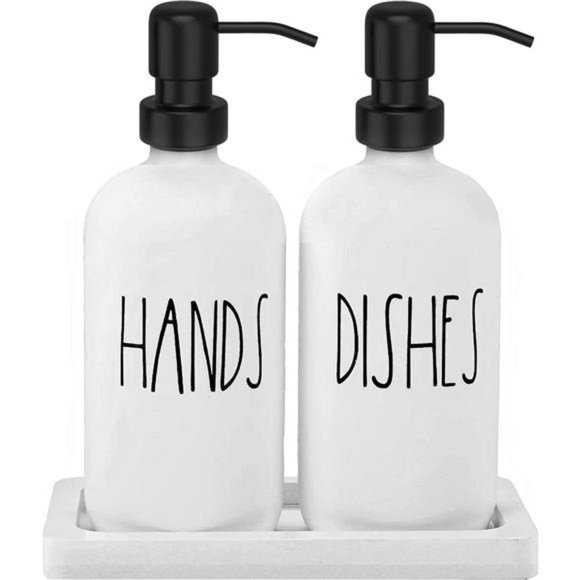 White Glass Kitchen Soap Dispenser Set with Tray by Brighter Barns Hand and Dish